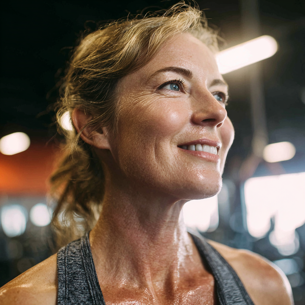 Жінка 52 роки усміхається після успішного тренування в спортзалі telforisk