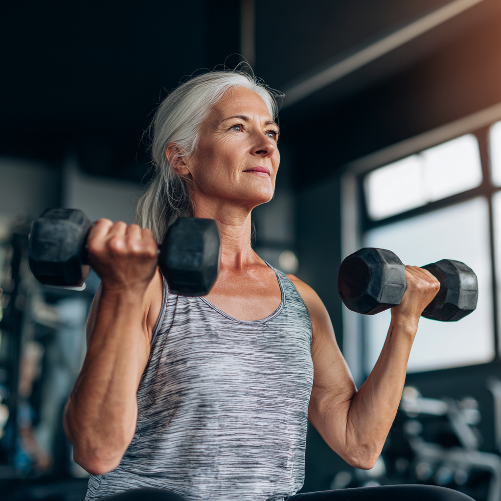 Жінка 55 років виконує силові вправи з гантелями в сучасному спортзалі