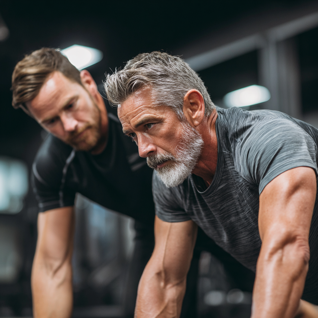Чоловік 58 років працює з персональним тренером у спортзалі, виконує вправи з правильною технікою