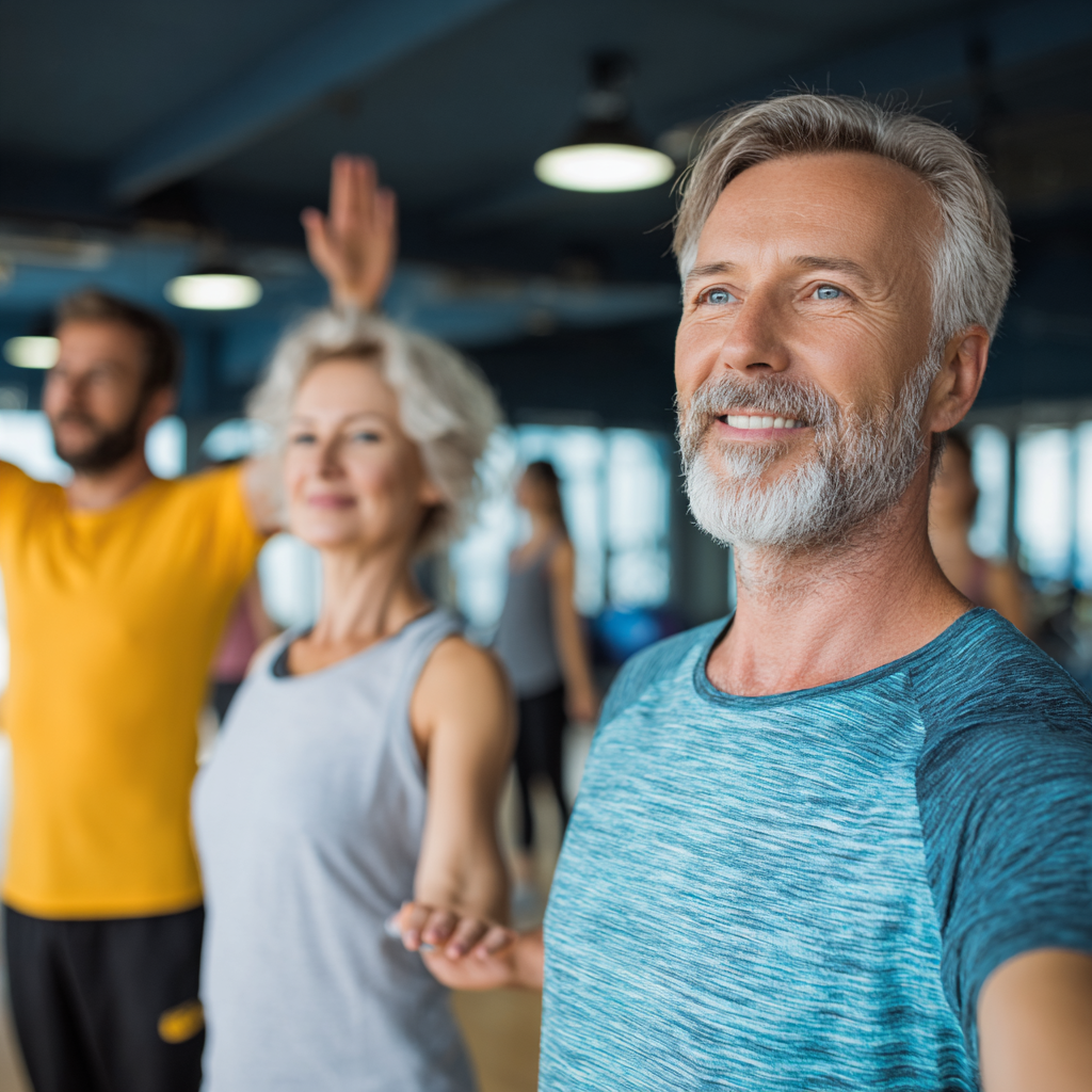 Група людей віком 50-60 років виконує вправи в сучасному фітнес-залі під керівництвом тренера